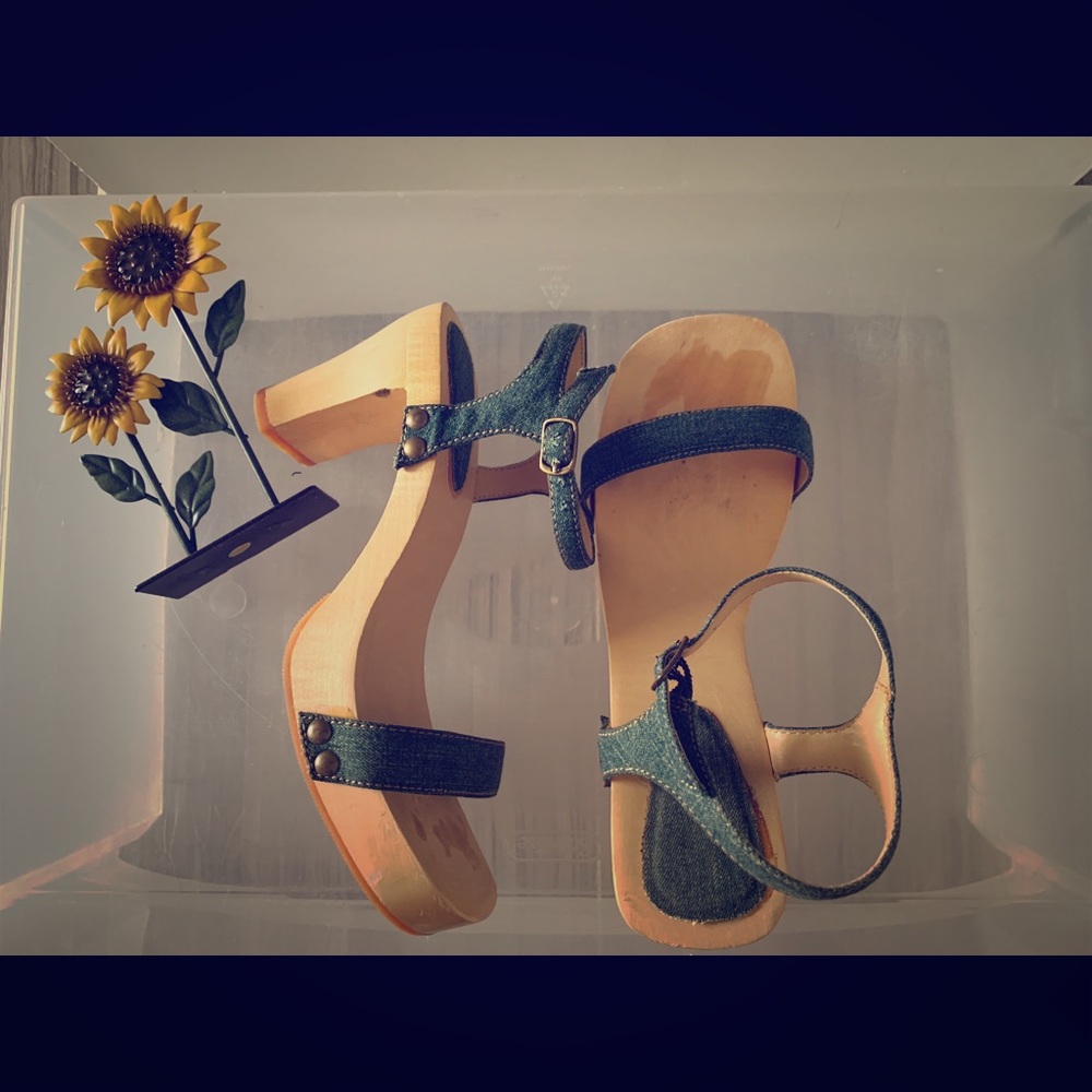 Demin Blue Wooden Platform Heeled Sandals